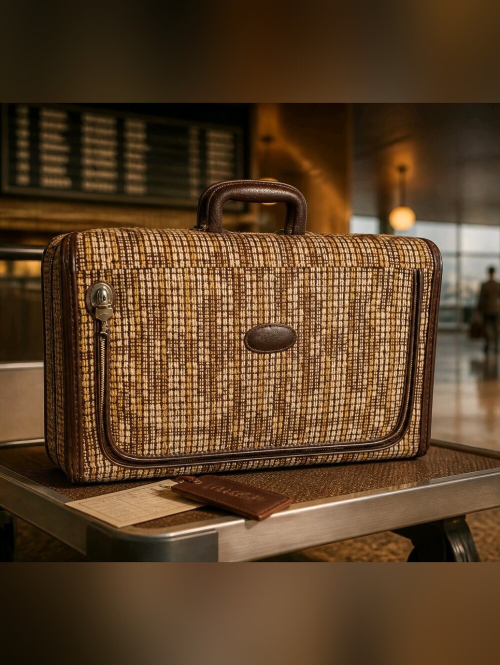 Vintage Skyway 21" Brown Tweed Carry-On Suitcase Luggage Retro MCM 70s Hanger